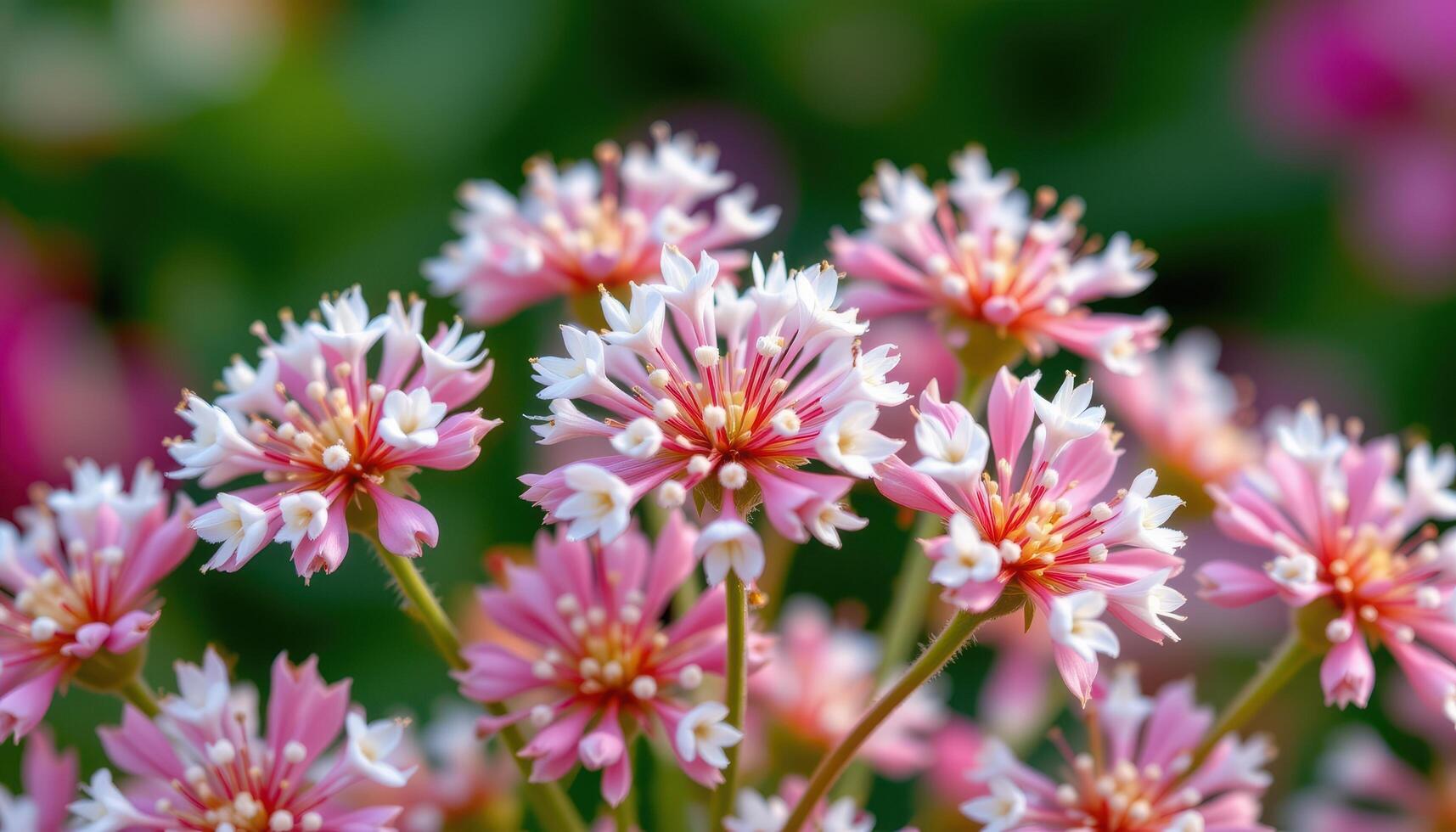 close up view of meadow rue flowers with fluffy tufts of cream and pink appearing like soft fireworks. photo