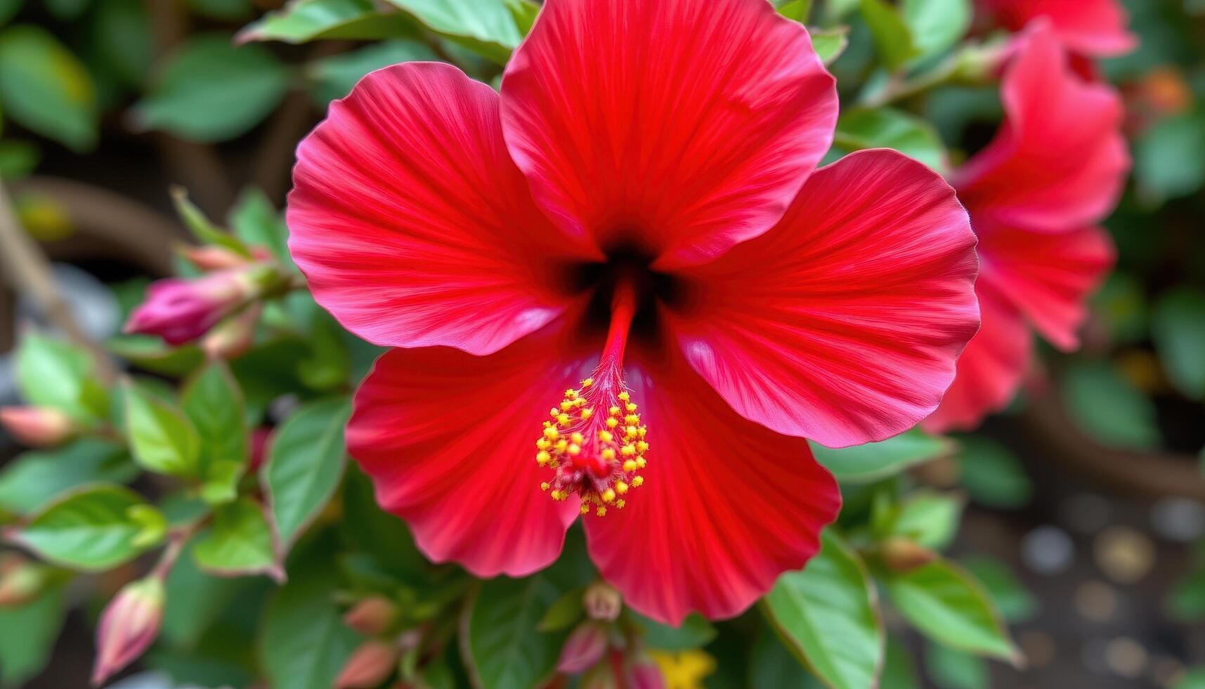 close up view of a vivid hibiscus bloom with bold red petals and a central stamen extending outward like a starburst. photo