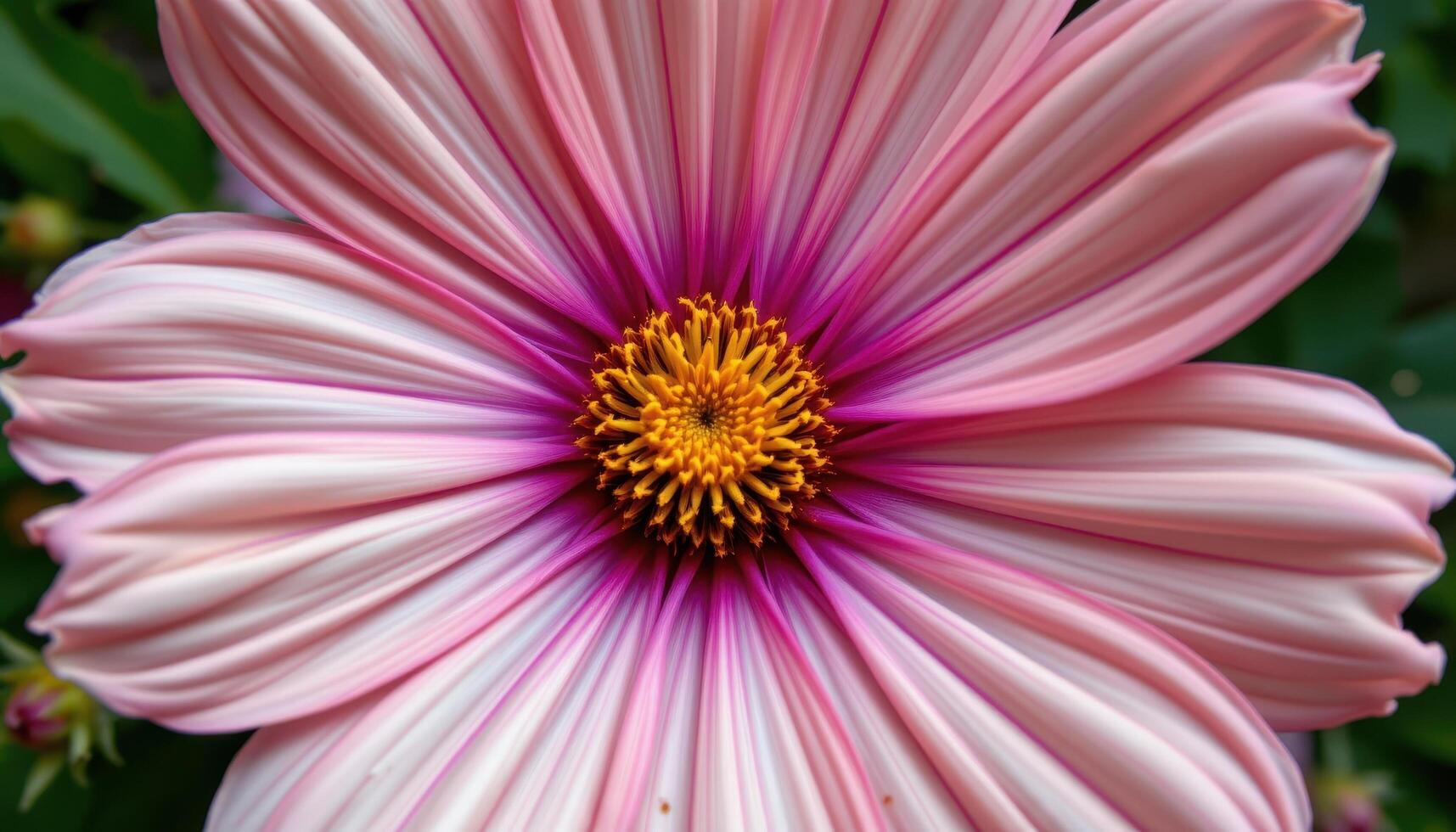 close up view of a cosmos flower with finely feathered leaves and vibrant magenta petals radiating from a golden core. photo