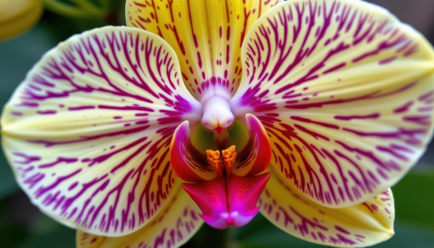 close up view of an orchid flower displaying intricate patterns and a symmetrical structure in vivid tropical colors. photo
