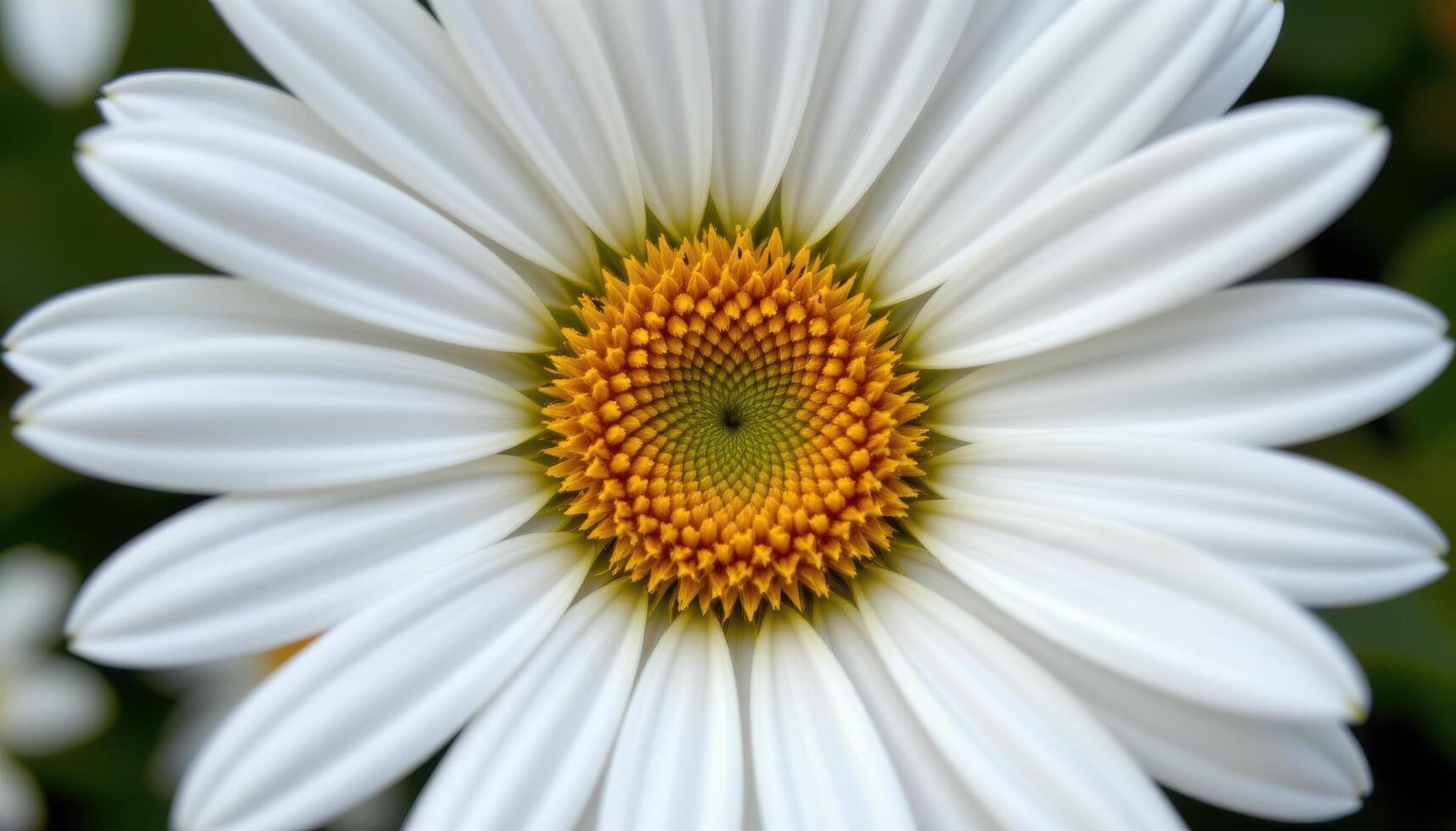 close up view of a daisy's cheerful face, with pure white petals encircling a bright yellow disc floret center. photo