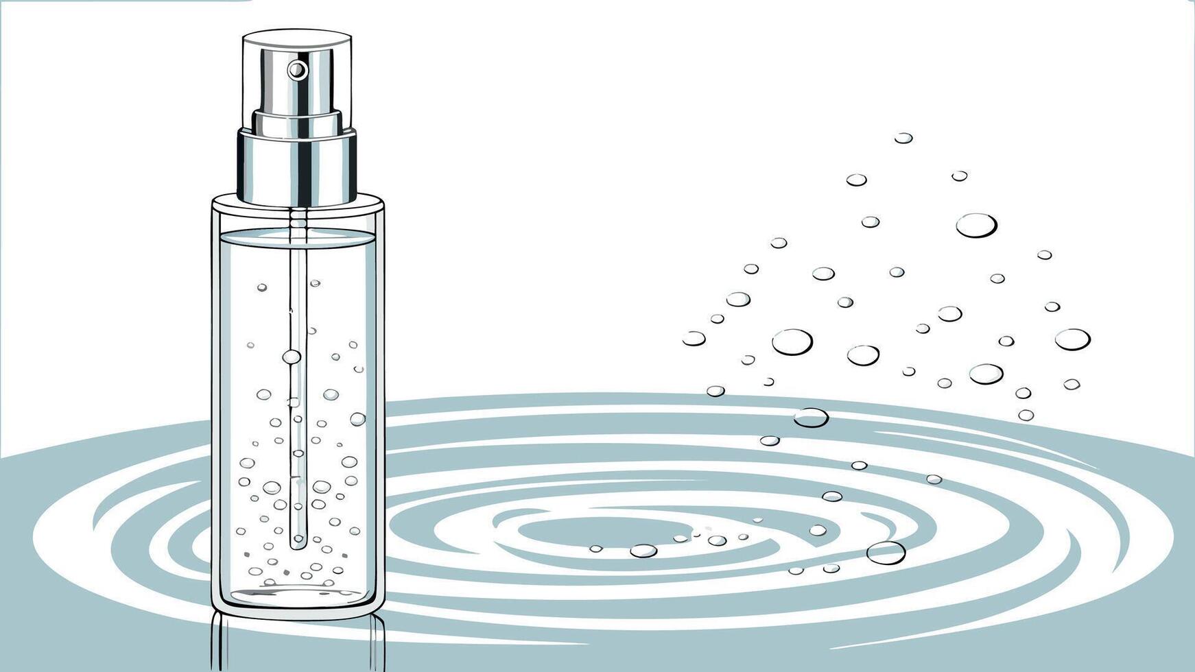 Transparent cosmetic spray bottle with fresh water and effervescent bubbles resting on a serene ripple surface with rising refreshing droplets illustration vector