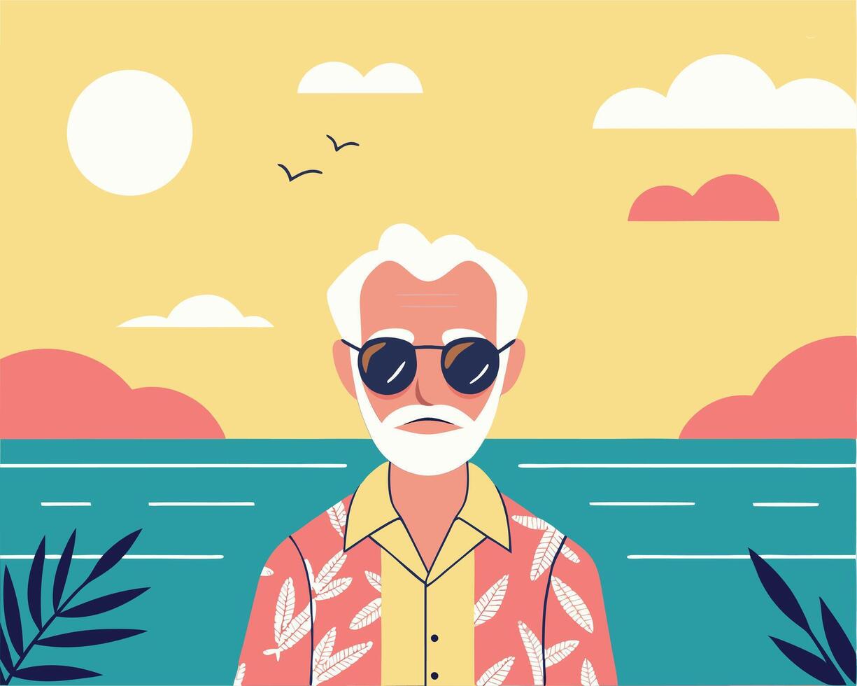 Relaxed senior man enjoying a tropical beach vacation wearing a colorful Hawaiian shirt and stylish sunglasses by the ocean at sunset vector