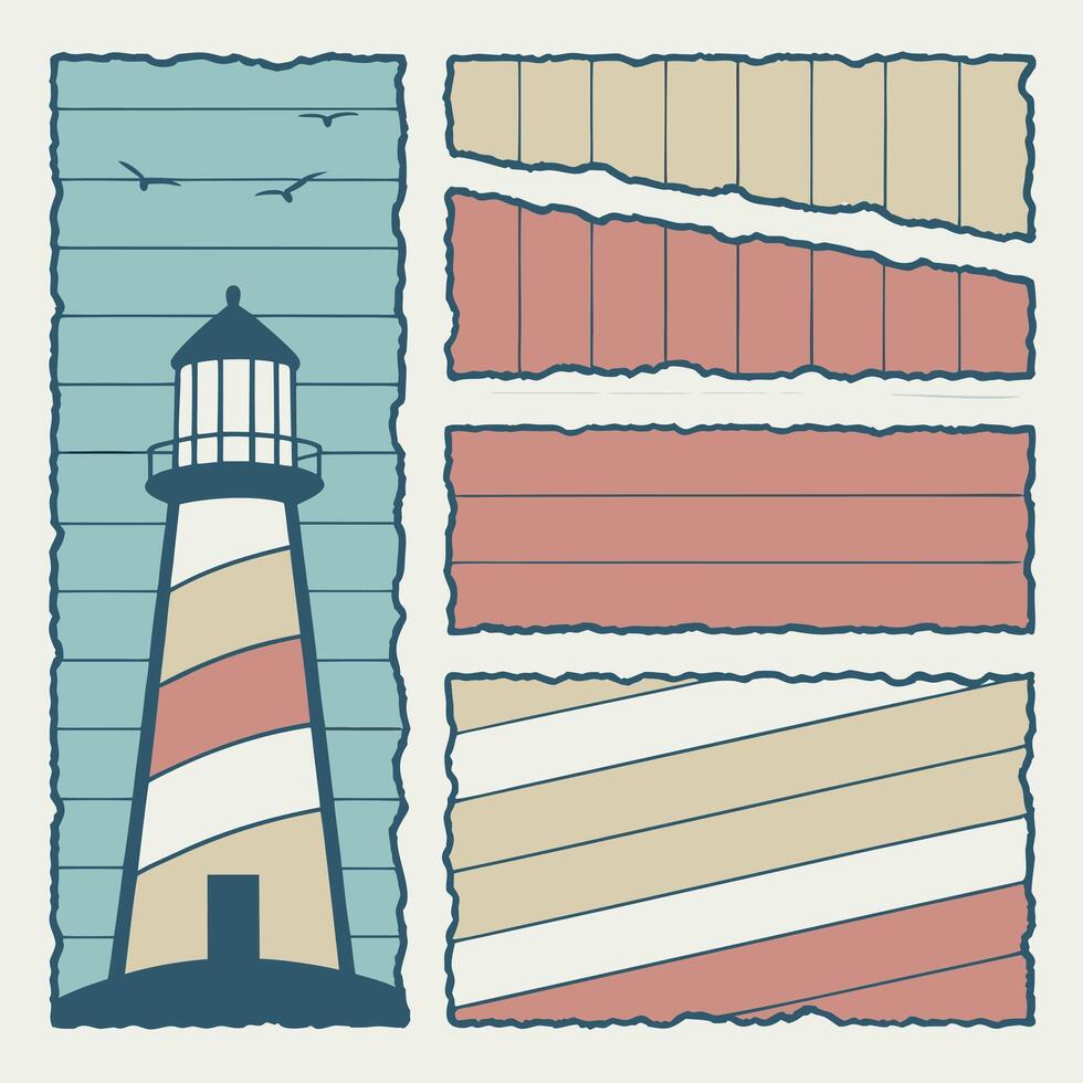 Coastal lighthouse illustration with seagulls and vintage ripped paper banner backgrounds featuring horizontal and diagonal striped patterns for design projects vector