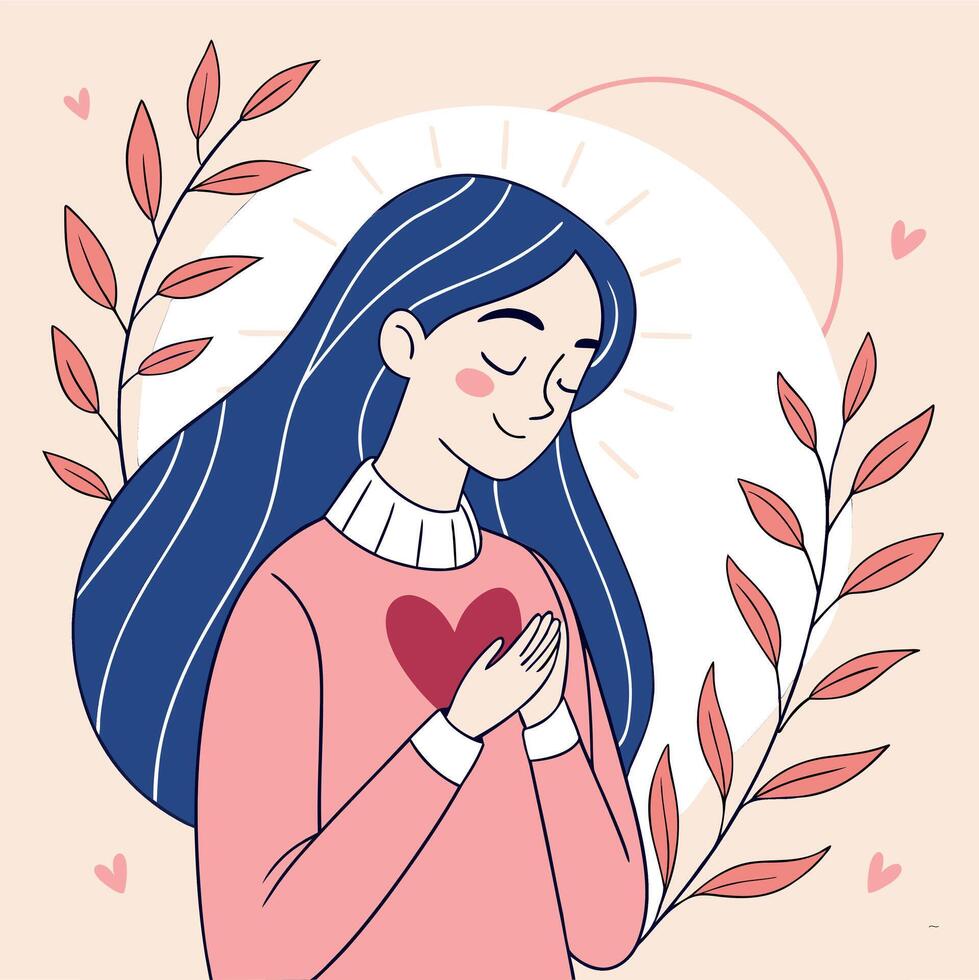 Peaceful young woman embracing self love and well being with hands over heart showing gratitude inner peace and mindfulness a gentle illustration for mental health and spiritual wellness vector