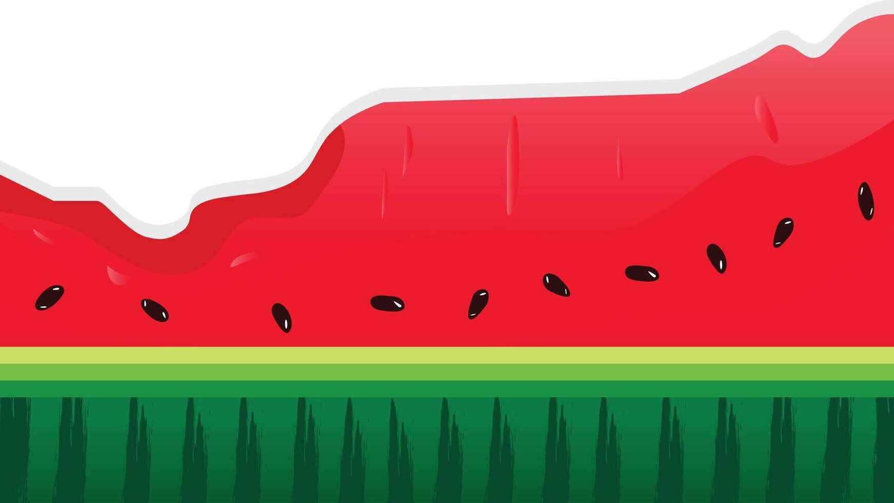 Cartoon watermelon background with pulp, black seeds, and a striped rind pattern vector