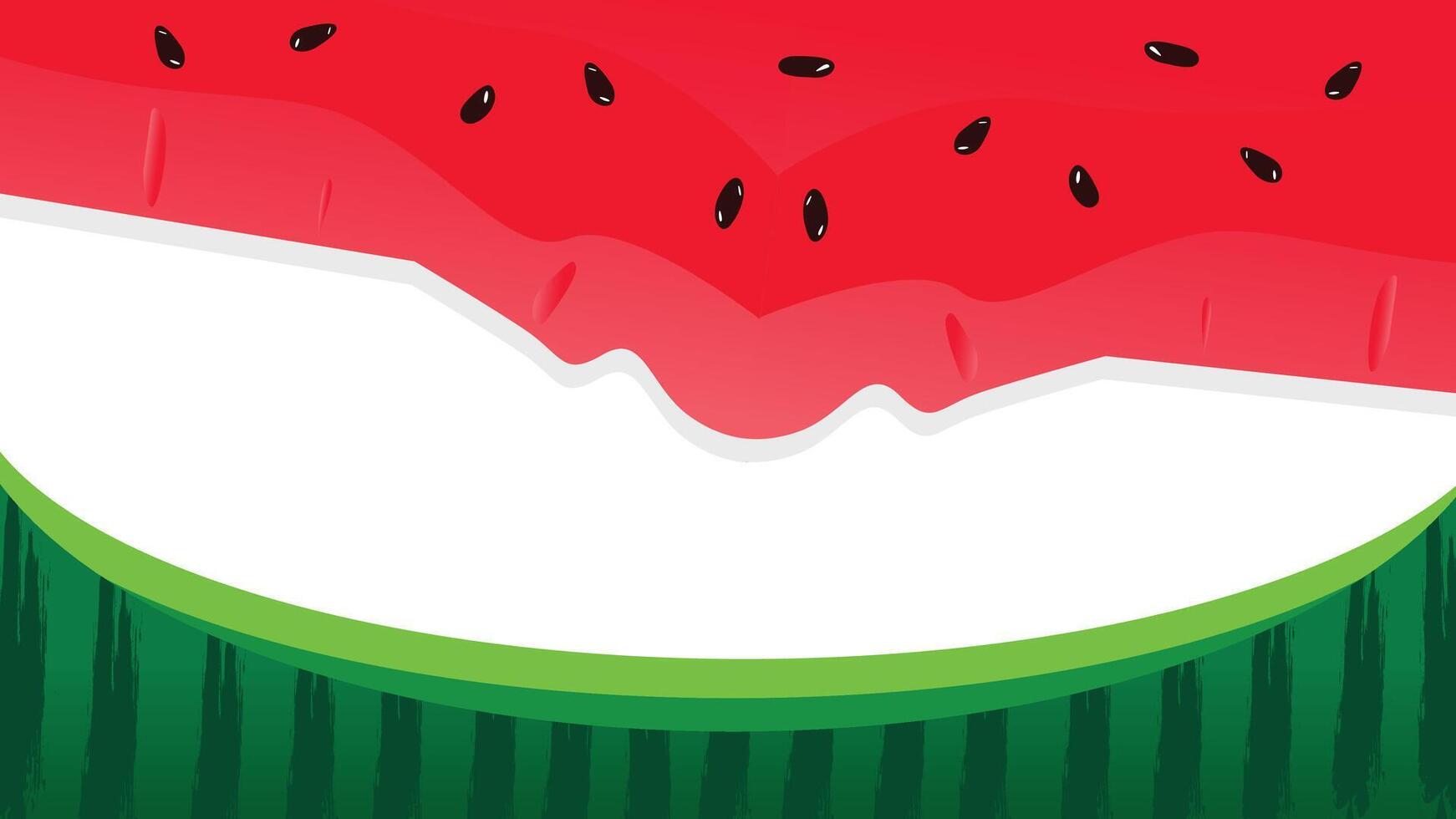 Watermelon border background with pulp, black seeds, striped green rind, and copy space vector
