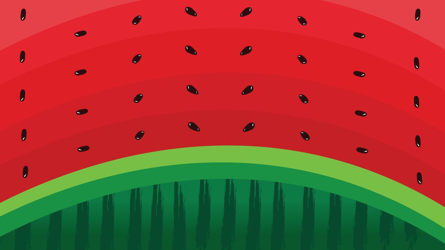 Watermelon texture background featuring pulp, black seeds, and a green striped rind pattern vector