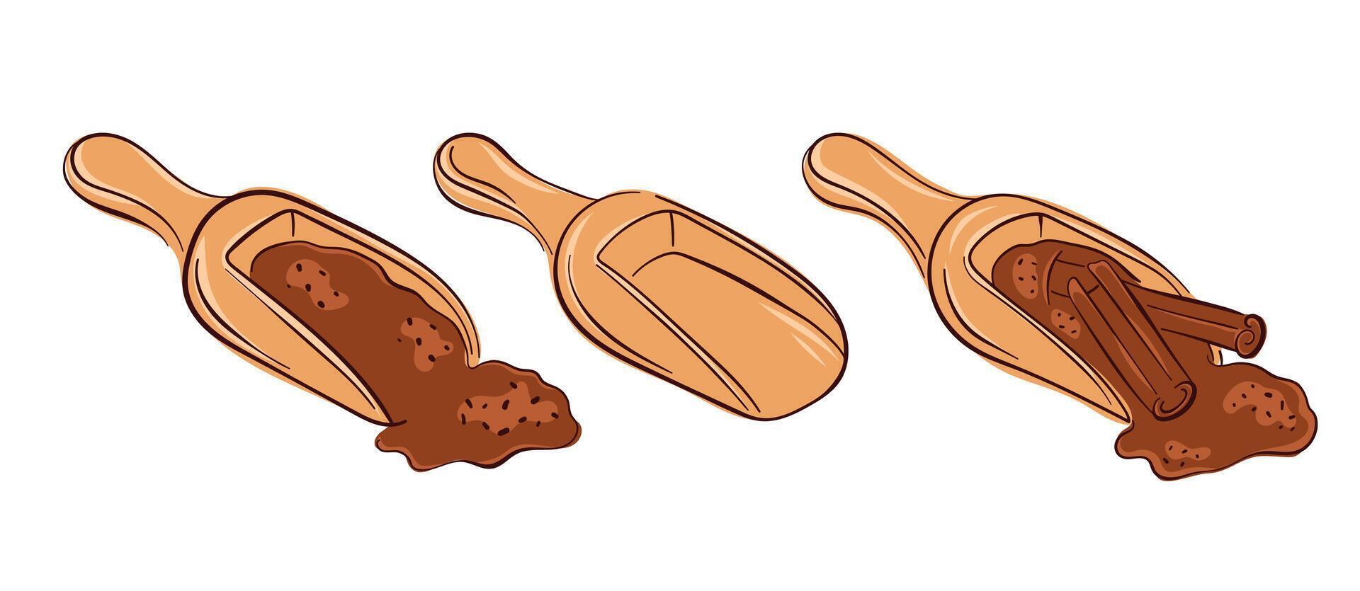 Set of wooden scoop with ground cinnamon powder and stick in flat style isolated on white background. Perfect for spice packaging, food blog and cooking design. vector