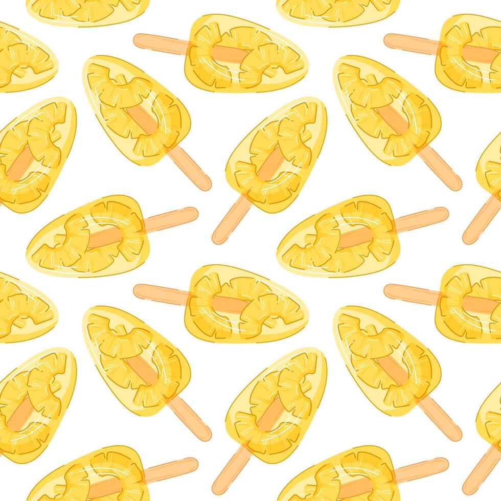 Seamless pattern of tropical pineapple ice pop and wooden stick on white background in cartoon style. Perfect for summer dessert packaging and fruity food design theme. vector