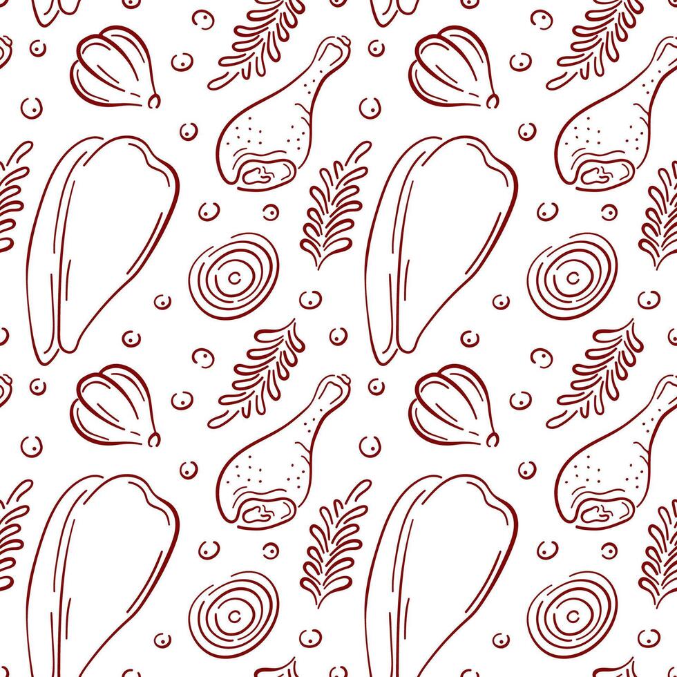 Seamless food pattern with chicken drumsticks, onion, garlic and herbs in red line art style on white background. Great for culinary packaging or cooking themed design. vector