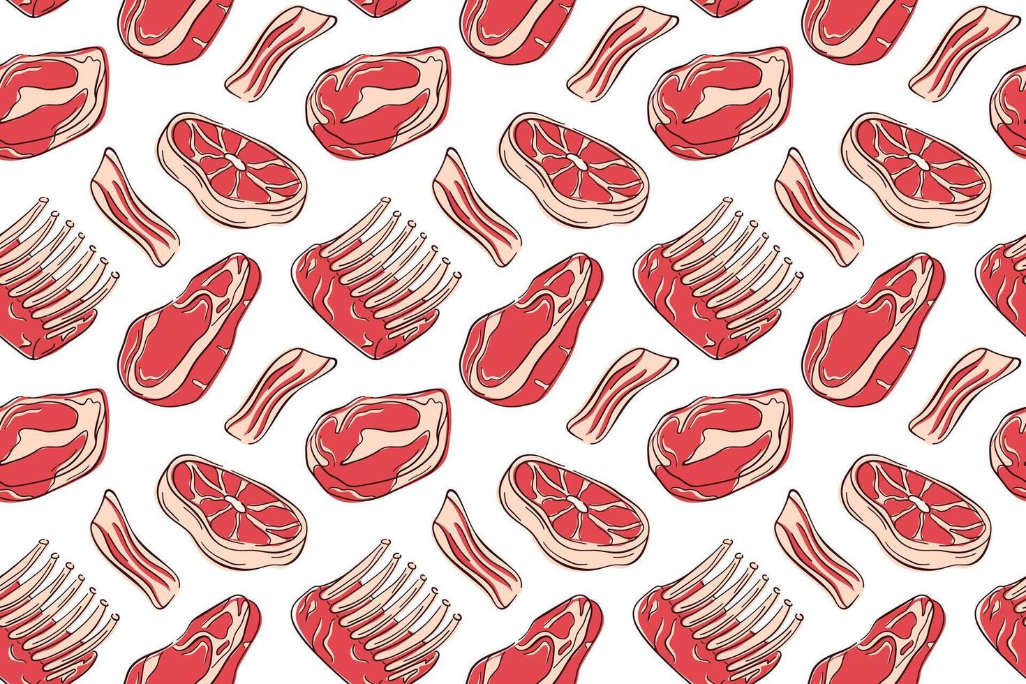 Seamless pattern of flat style steak, bacon, ribs and meat cut on white background. Ideal for butcher shop, packaging and culinary design theme. vector