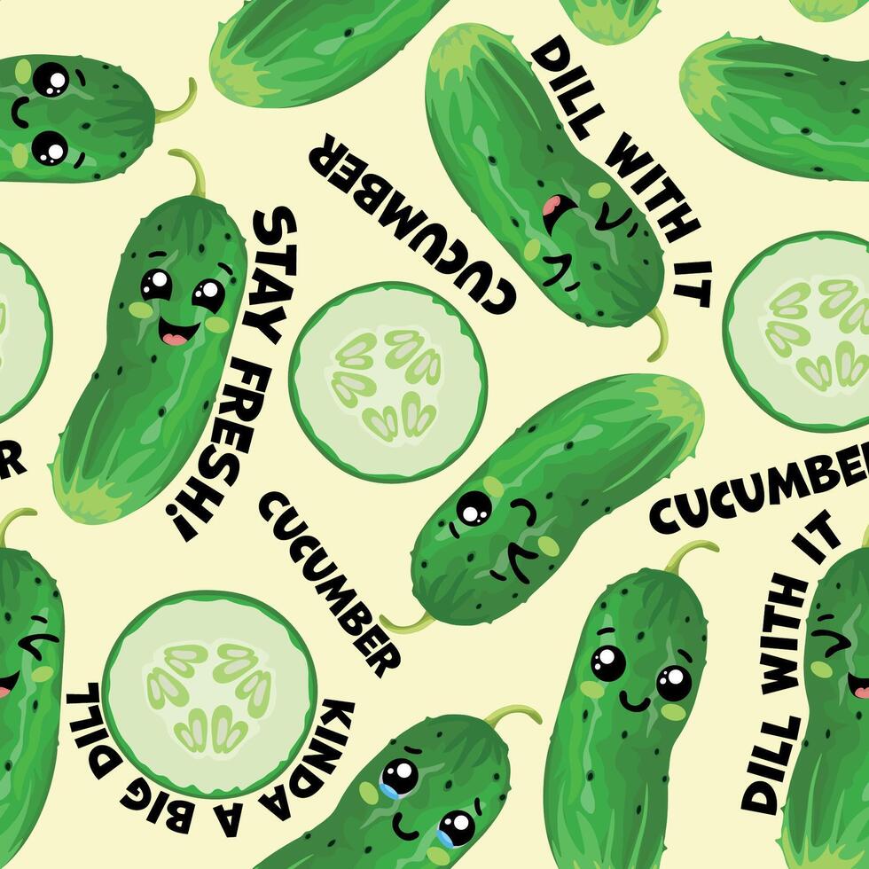 Cute cucumber pattern with fun text vector