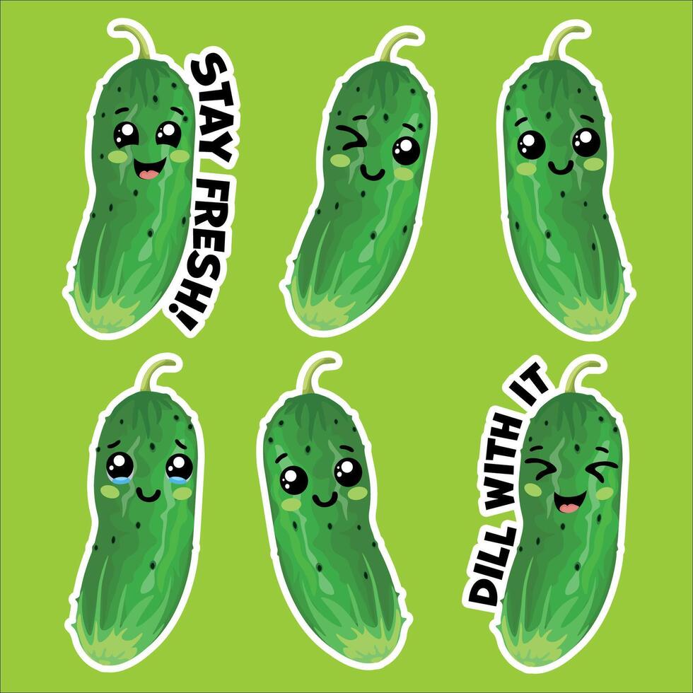 Playful pickle stickers on a green background vector