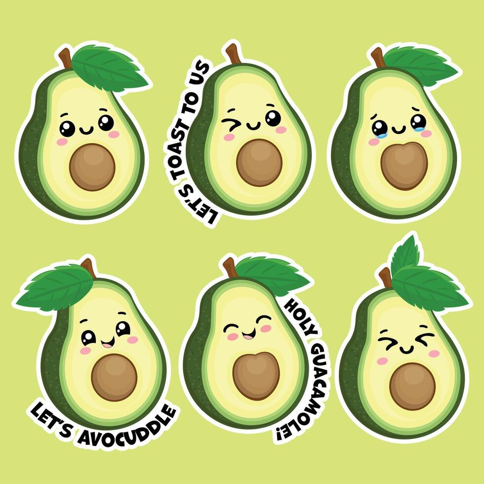 Funny Kawaii Avocado Sticker Set with Puns. Cute Cartoon Fruit Clipart vector