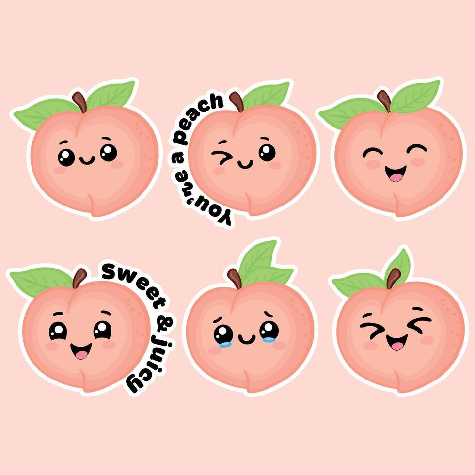 Cute cartoon peach stickers with faces vector
