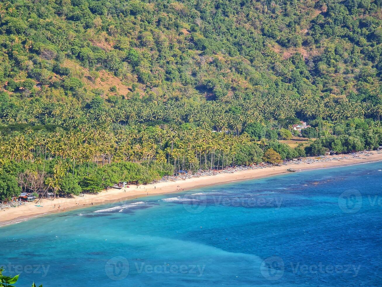 Tropical Island Beach with Turquoise Water and Lush Green Vegetation View photo