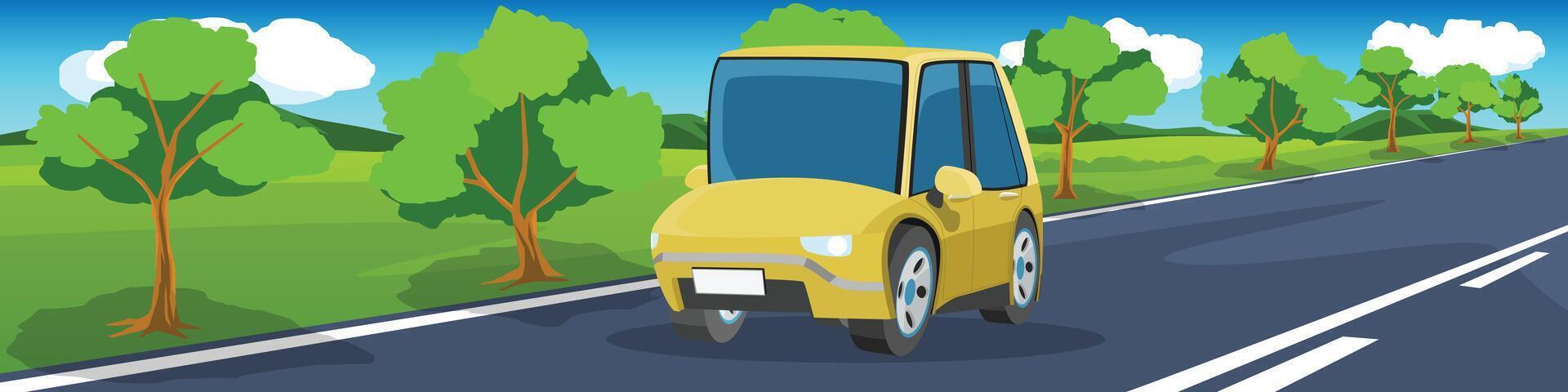Yellow car on a road with trees vector
