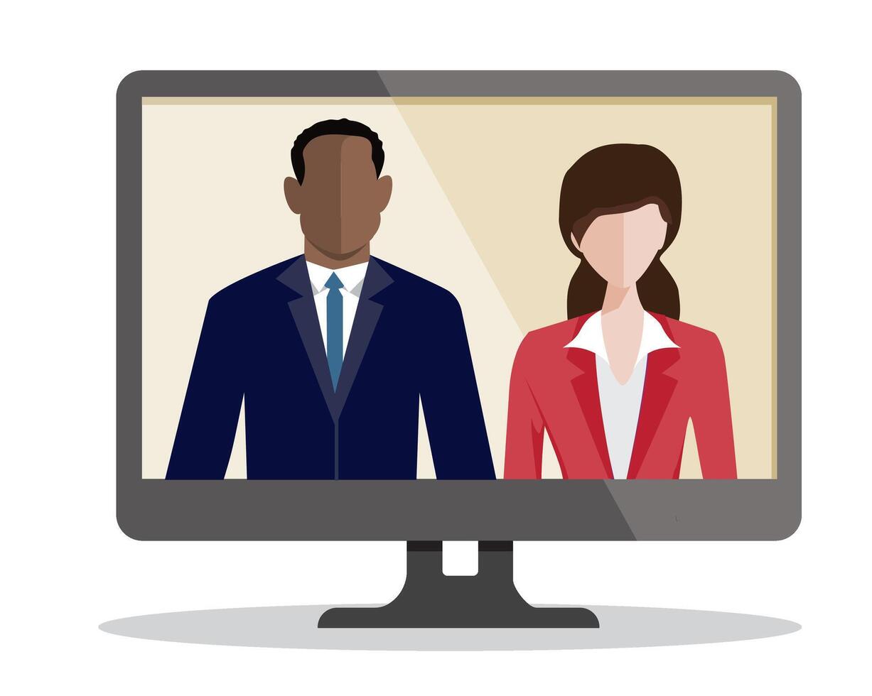 Computer display of a faceless African American man and a Caucasian woman, both dressed in suits. Virtual event, online meeting or tech events, remote work, digital communication. vector