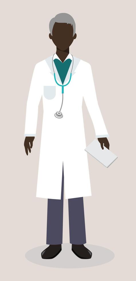 Faceless male doctor, standing confidently with a stethoscope around his neck and notepad or clipboard in hand. He wears a professional medical outfit, symbolizing experience, care, and authority vector