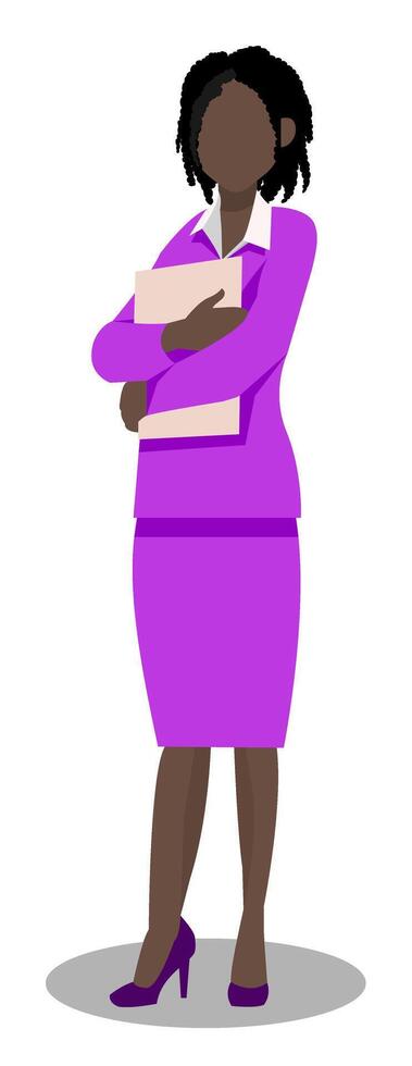 Faceless African American woman with natural afro hair, dressed in a tailored business suit and high heels. She is holding a notepad, suggesting readiness, organization, and professionalism. vector