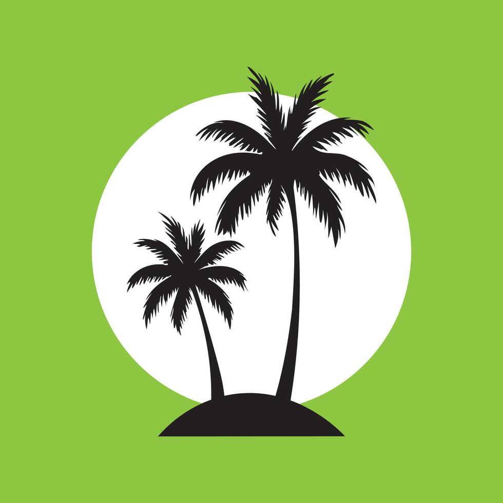 black silhouettes of palm trees standing on a small island, framed by a white circle, all set against a solid lime green background vector