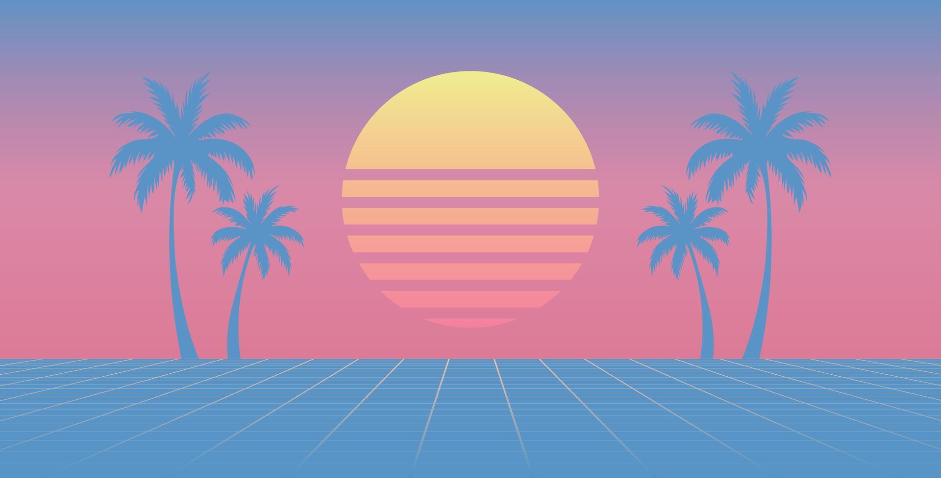 Retro 80s Sunset with Palm Trees and Grid Landscape vector