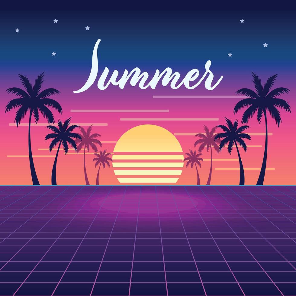 Retrowave Summer Sunset with Palm Trees and Grid Landscape. A vibrant, retro-futuristic illustration featuring a large, striped sunset, silhouetted palm trees, and a perspective grid vector