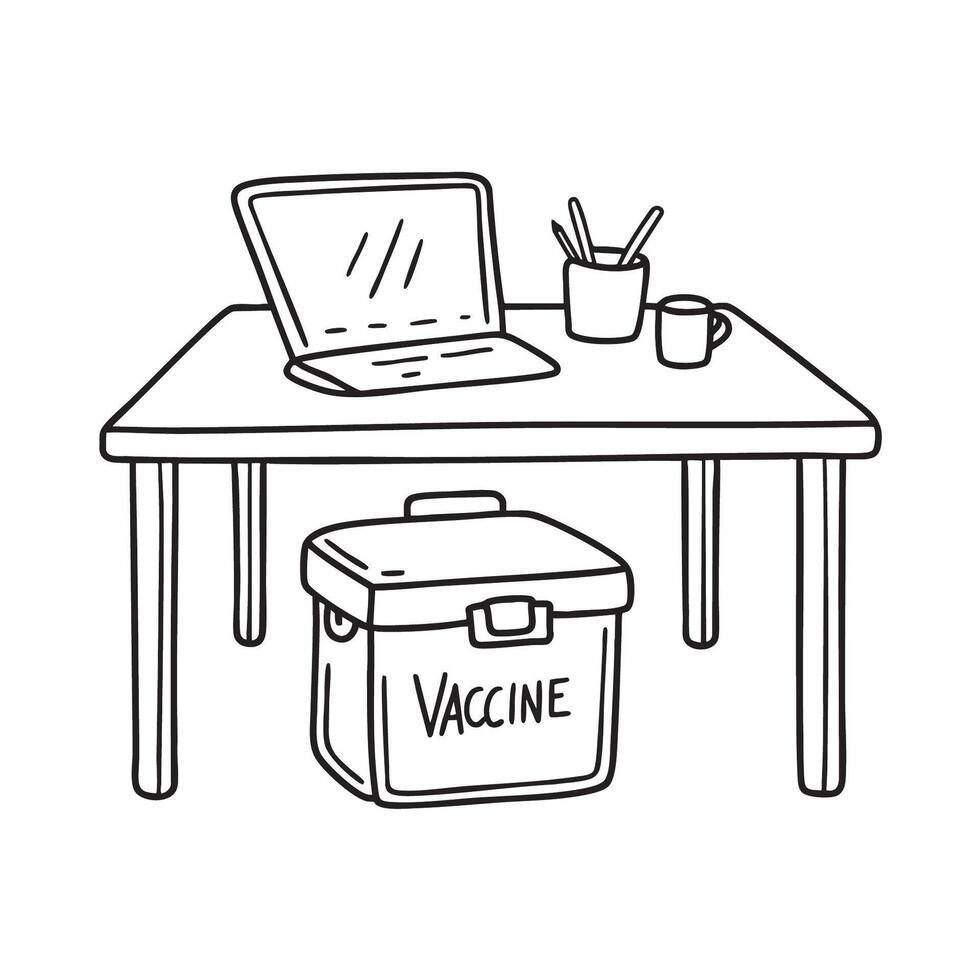 A vaccine cooler placed underneath the work desk vector