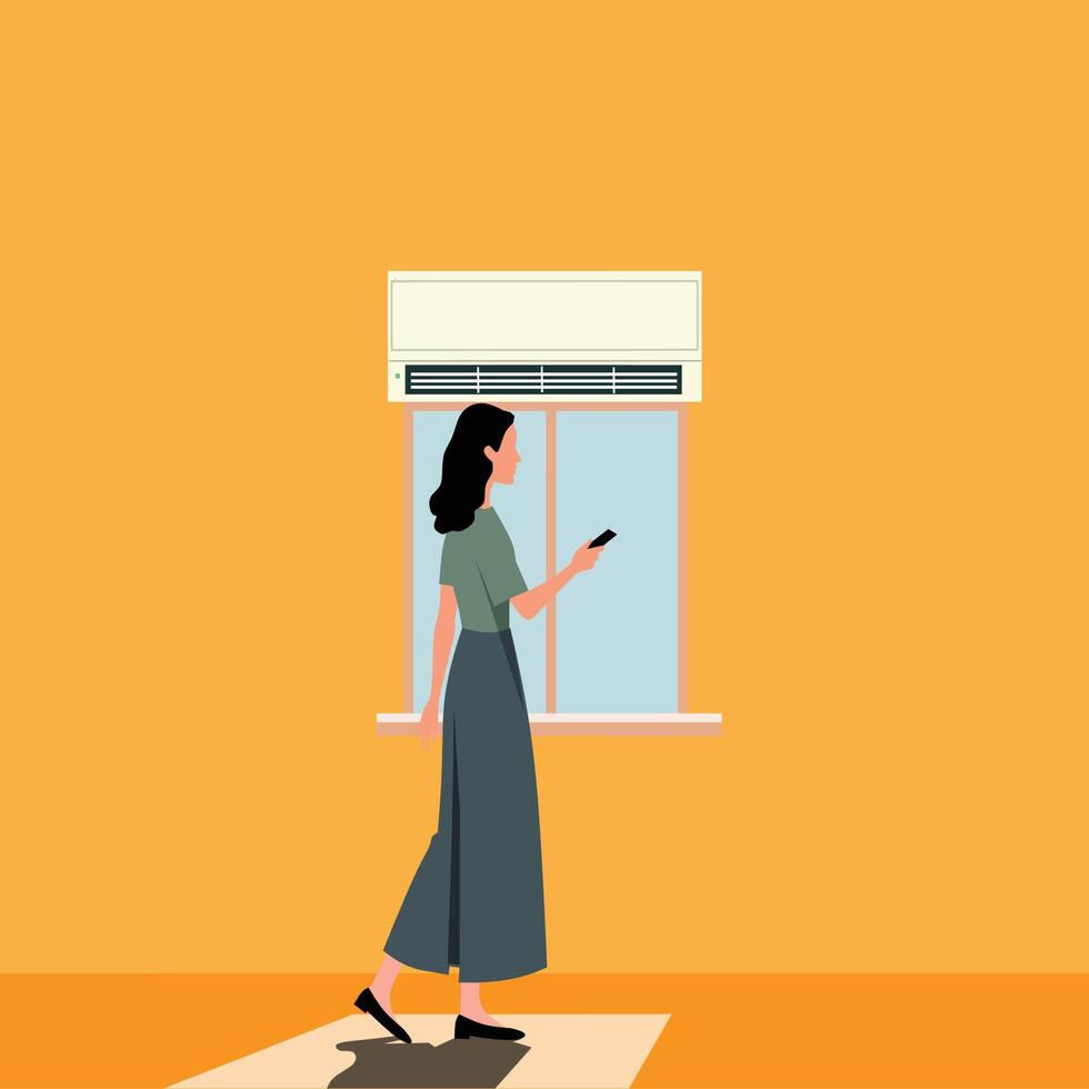 A woman is standing near a window looking at her phone vector