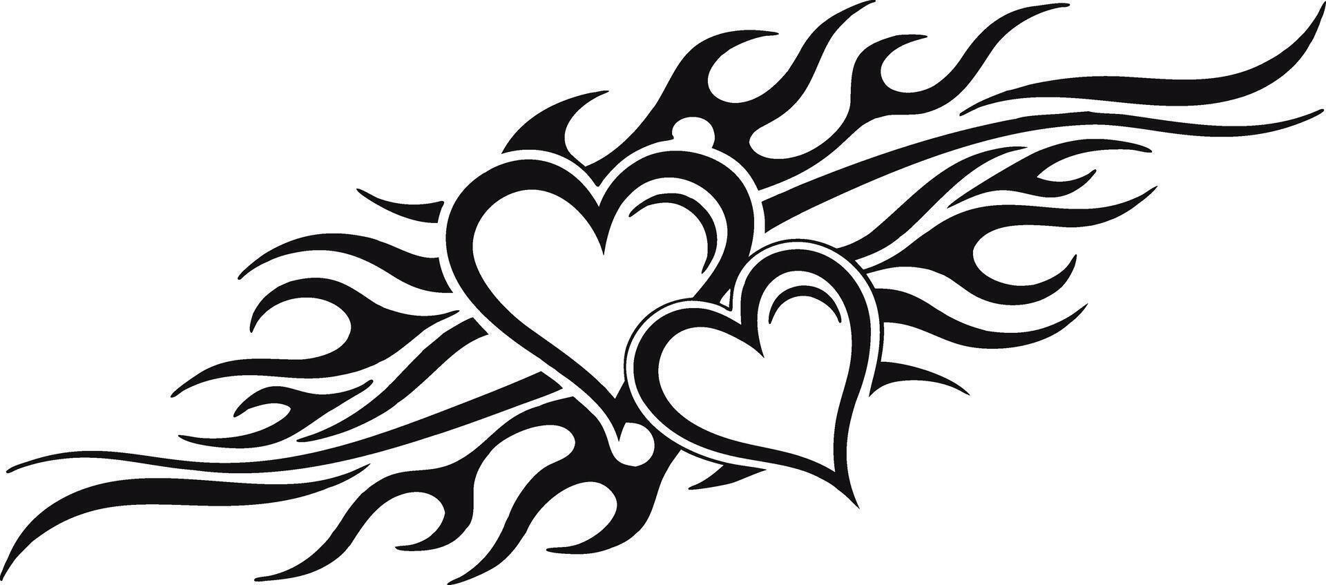 Tribal flame heart tattoo design with intertwined hearts and fiery swirls vector