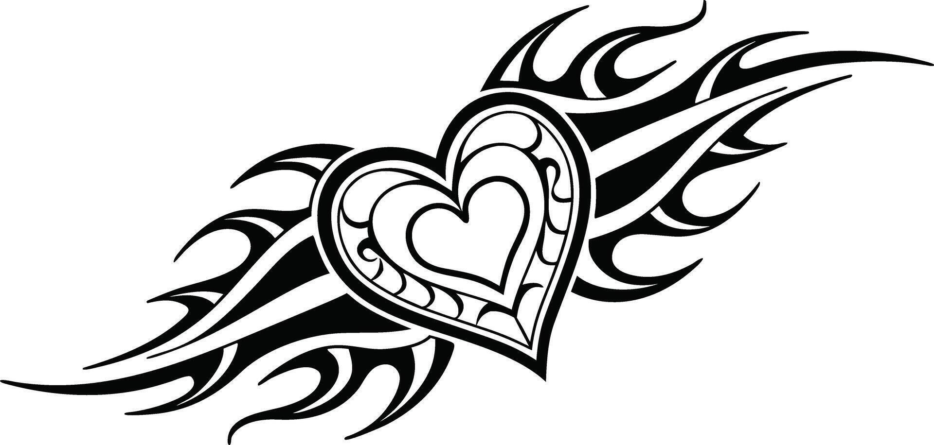 Tribal flame heart tattoo design with intertwined hearts and fiery vector