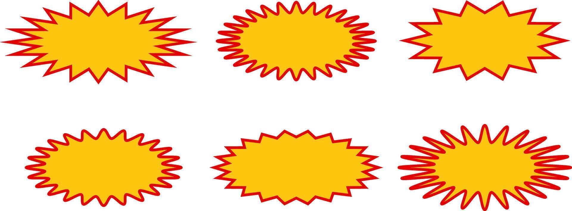 Red and yellow starburst stickers. Blank sale tags. Sale sticker sign. Special offer price tag. sunburst badges icons. Red starburst promotional badge set vector