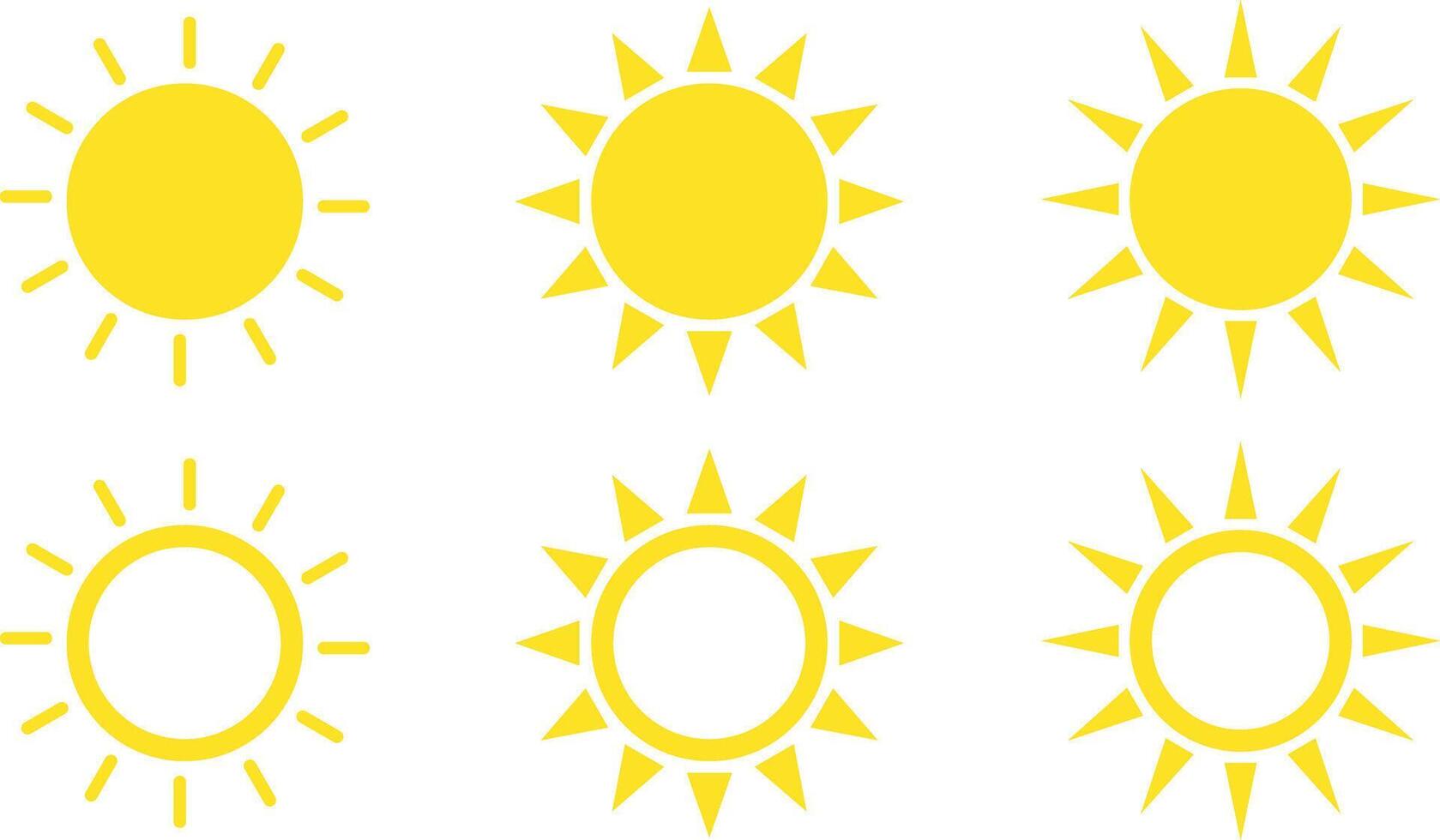 Sun icon set. Sunset symbol. Hot solar energy for tan. Summertime figure concept. Sunshine simple icons collection vector