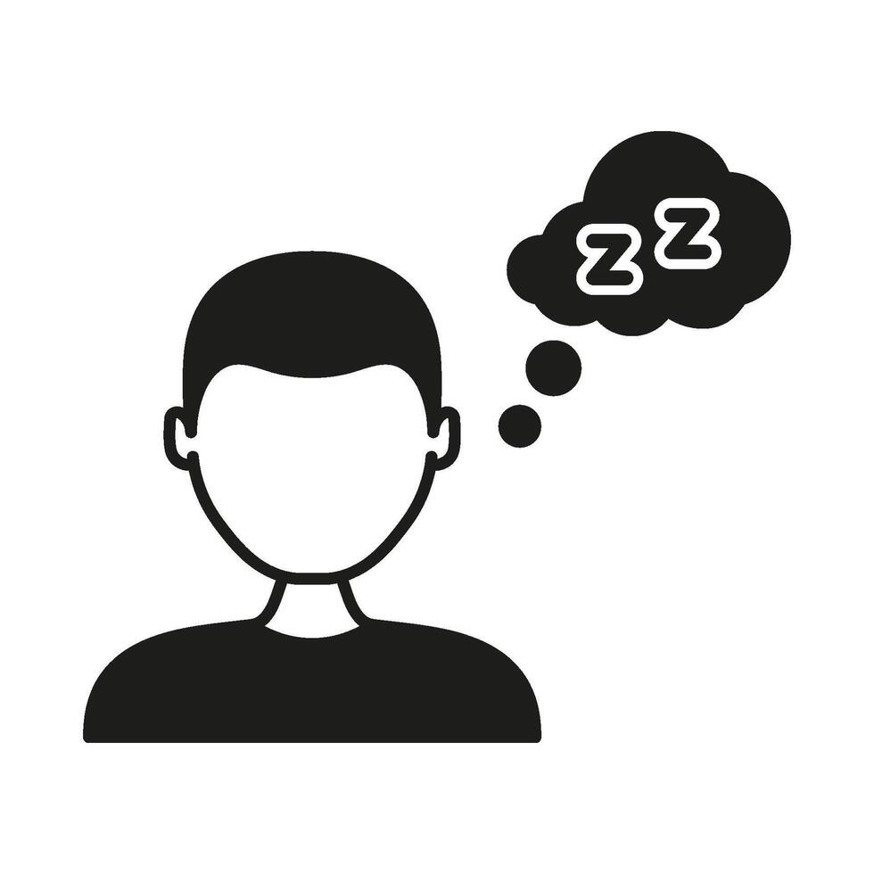 Person Thinking About Sleep Solid Icon. Rest, Relaxation, And Dreaming Silhouette Symbol. Sleepy Thoughts And Mental Fatigue Representation. Isolated Illustration vector