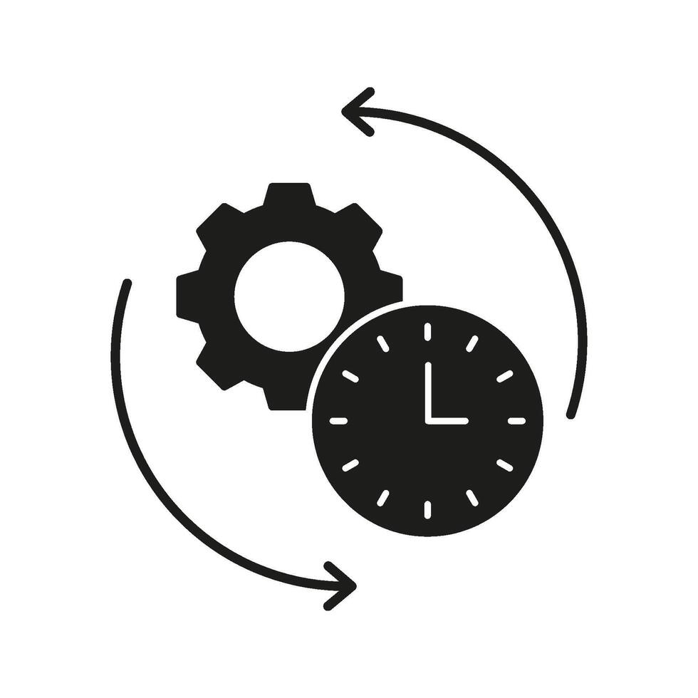 Gear And Clock Solid Icon. Process Optimization, Time Management, And Workflow Efficiency Silhouette Symbol. Automation And Productivity Enhancement. Isolated Illustration vector