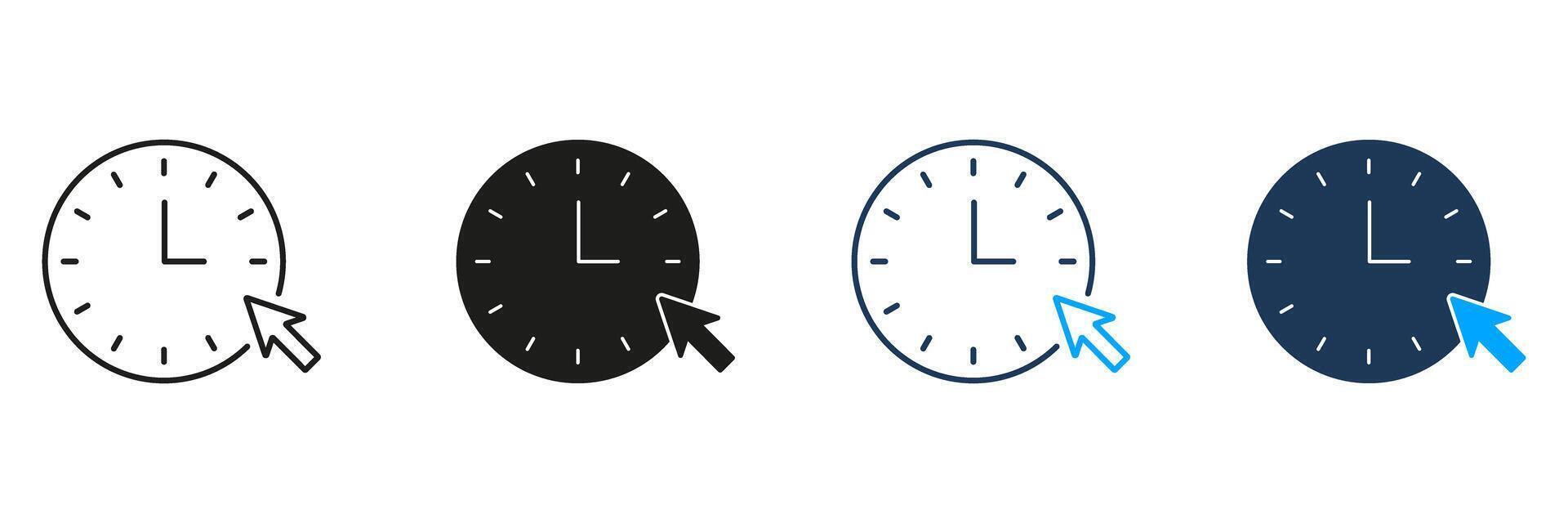 Clock With Cursor Line And Solid Icon Set. Time Management And Online Scheduling Symbol Collection. Digital Interaction And Efficiency Concept. Isolated Illustration vector