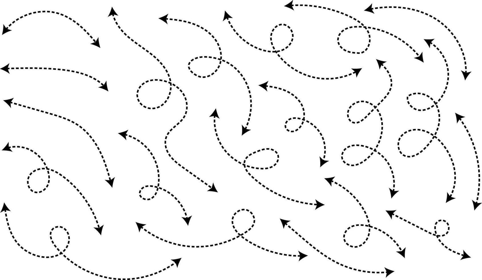 Curve dotted line arrow double side set. Sketch dashed arrows design. Spiral dotted line arrow. Zigzag arrow stripes design with dotted lines. curved hand drawn arrows. vector