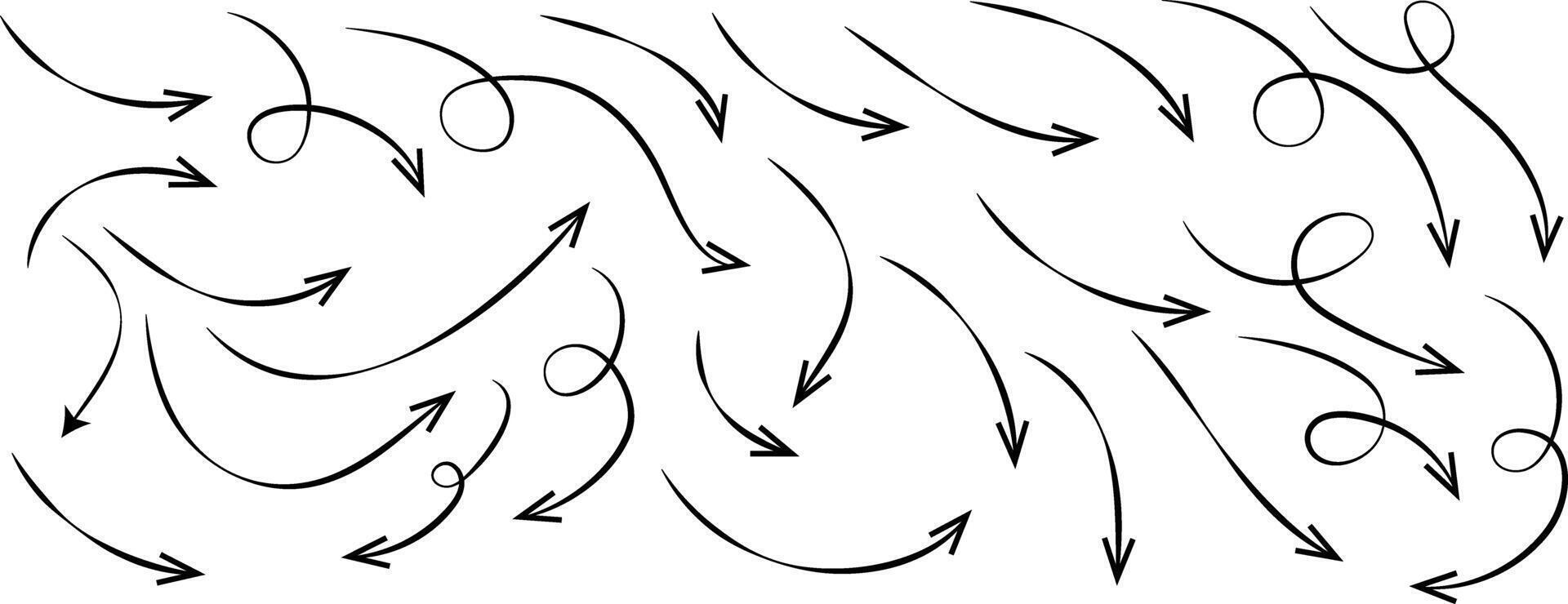 curved line arrows set. Hand drawn line doodle. curved pointers sign. Spiral dotted line arrows. vector