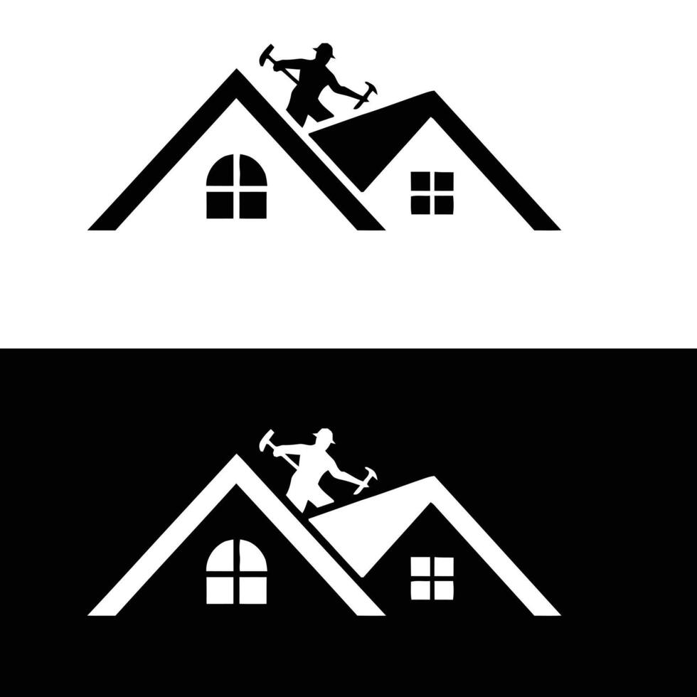 A man on the roof of a house with a hammer and a hammer vector