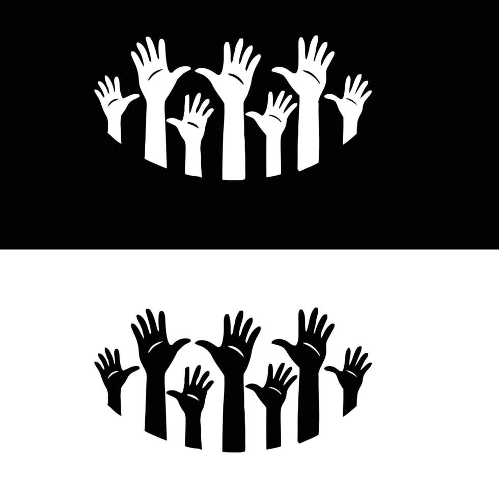 A black and white image of hands reaching up vector