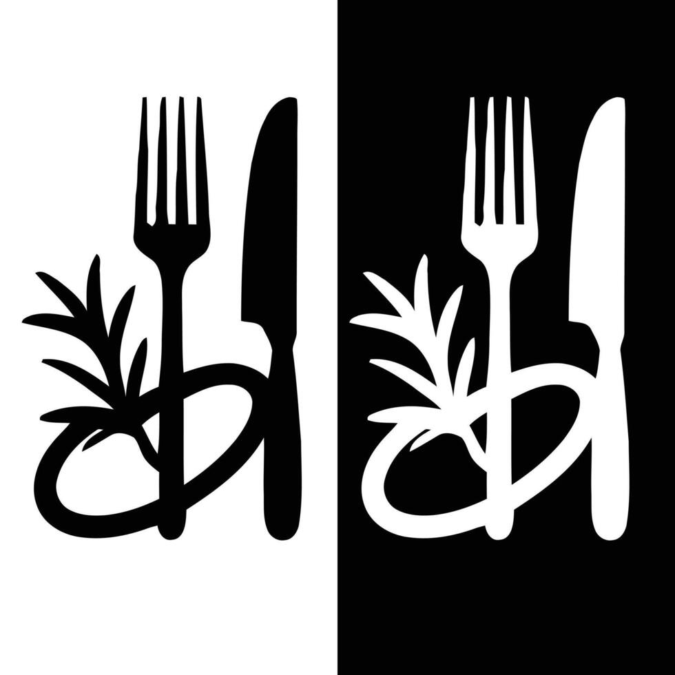 Two black and white images of a fork and knife vector