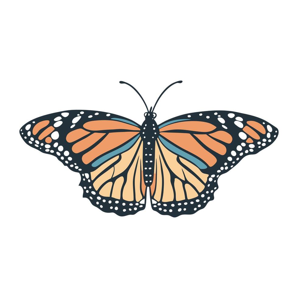 A stylized illustration of a monarch butterfly is centered against a white background. Its wings display characteristic orange black and white patterns with subtle blue accents. vector