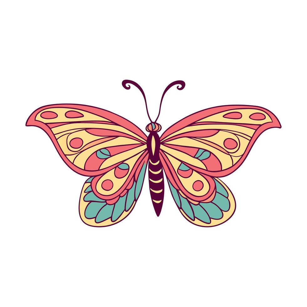 A stylized butterfly with intricate patterns in shades of pink yellow and teal on a white background vector