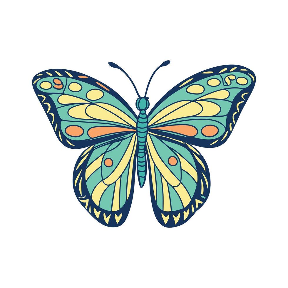 Vibrant teal yellow and orange butterfly illustration with intricate wing patterns vector