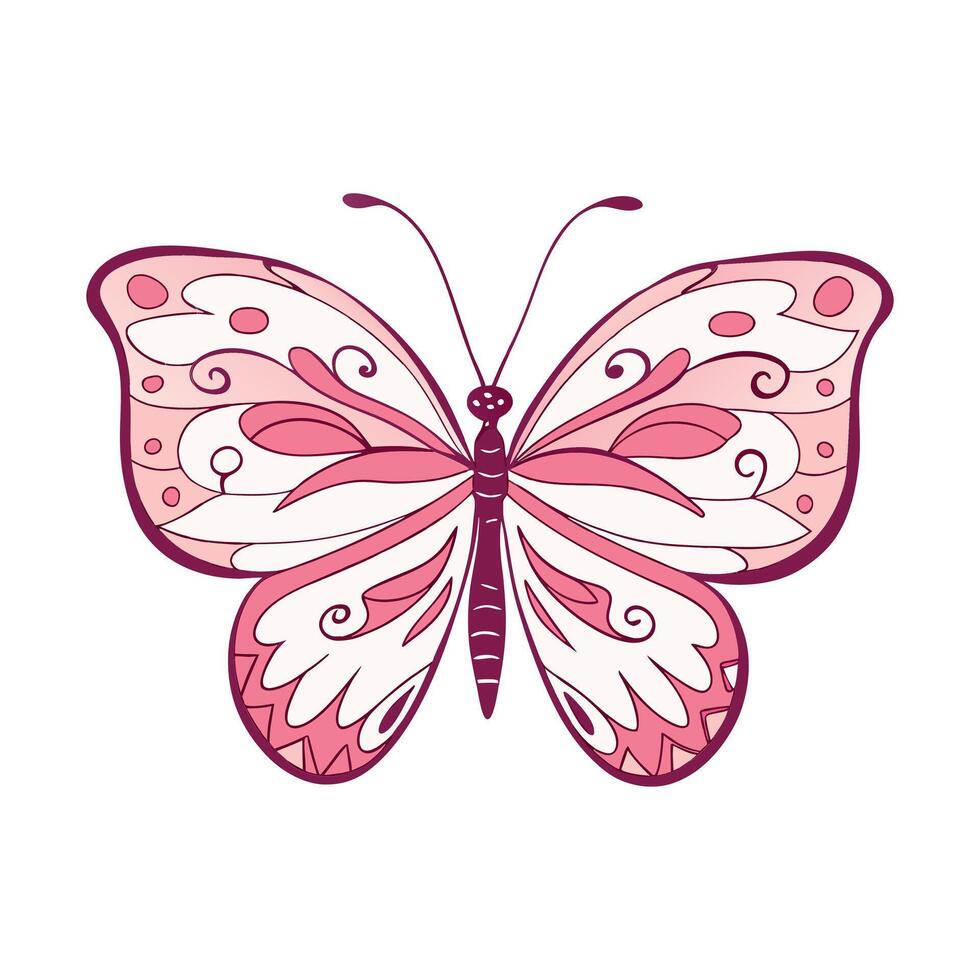 Elegant pink butterfly with intricate swirl patterns and outline vector