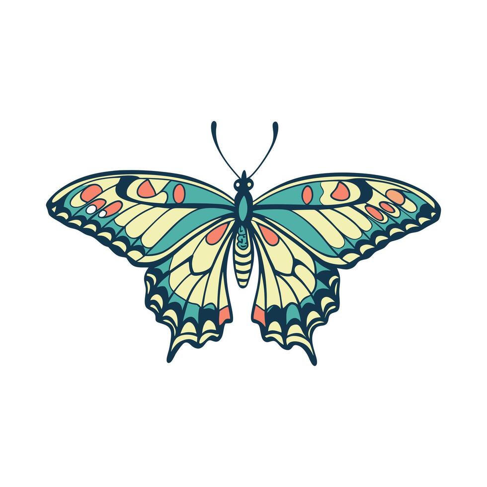 Beautifully illustrated butterfly with teal cream and coral wing patterns against a white background vector
