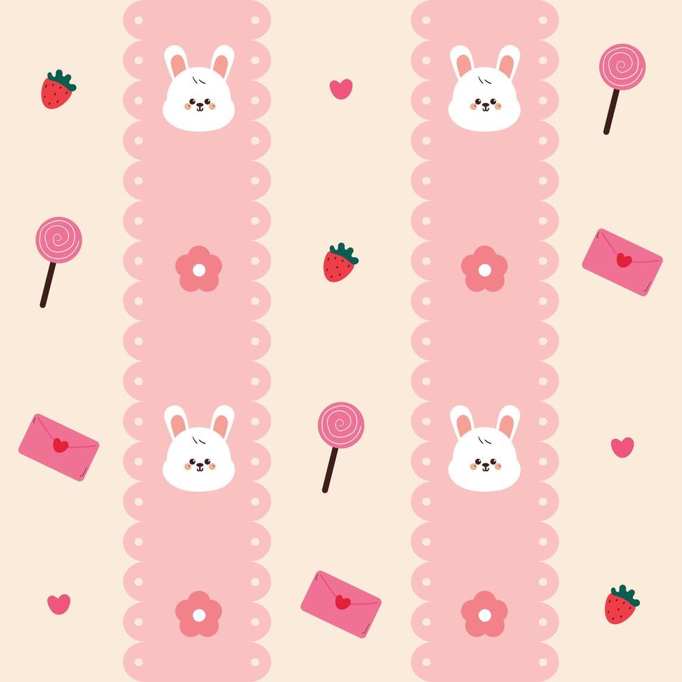 seamless pattern cute cartoon bunny with cute pink stuff. cute animal pattern with stripe background for wallpaper vector