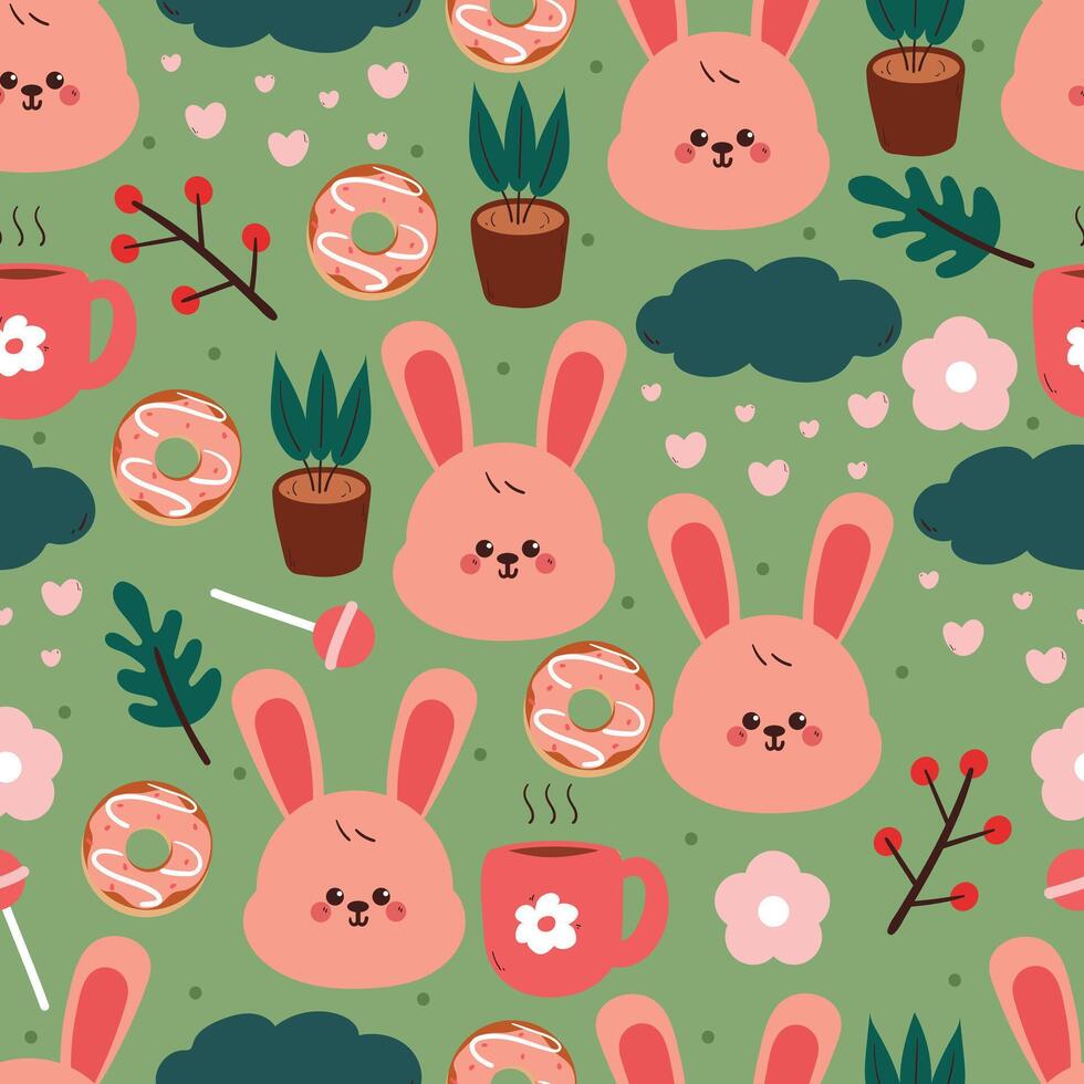 Pattern of bunnies and treats on green background vector