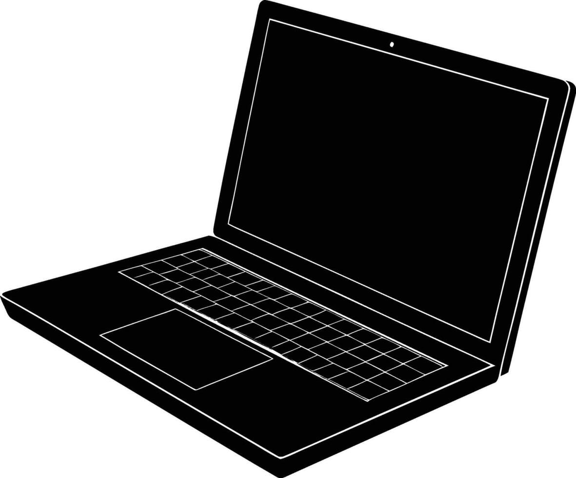 Sleek Black and White Laptop Illustration with Open Screen and Visible Keyboard and Touchpad vector